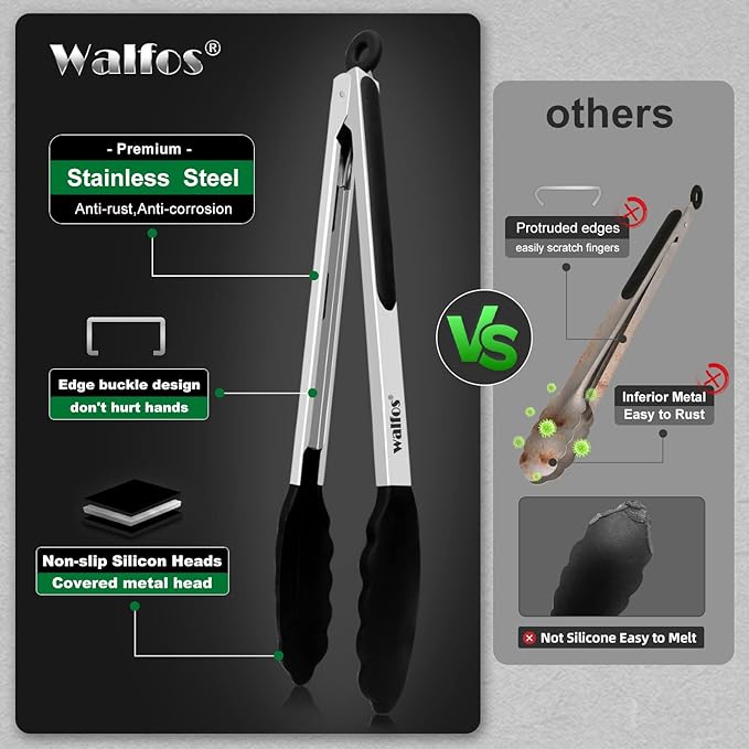 Tongs Set, 3-Piece Black Silicone Tip with 7, 9 and 12 Inch Lengths