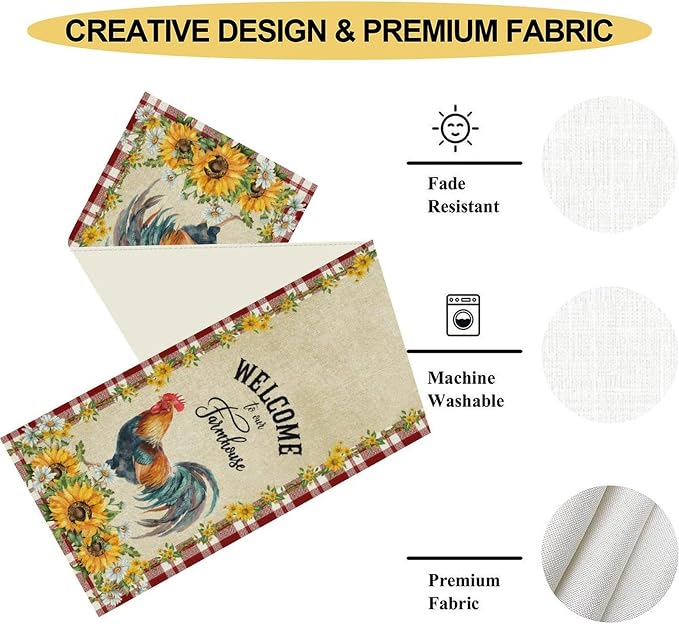Rooster Table Runner, Farmhouse Red Plaid Sunflower Floral Chicken Farm Cow Pig - Image 5