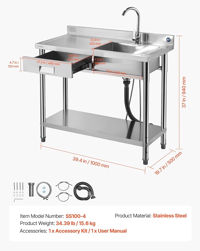 VEVOR Stainless Steel Utility Sink, Free Standing Single Bowl Commercial - Image 7