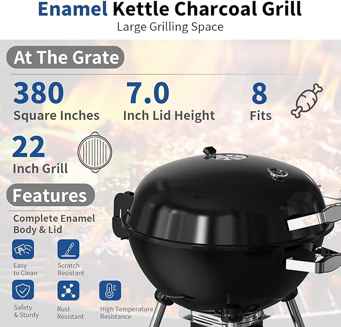 22.5-Inch Portable Charcoal Grill, Heavy Duty Kettle BBQ Smoker - Image 4