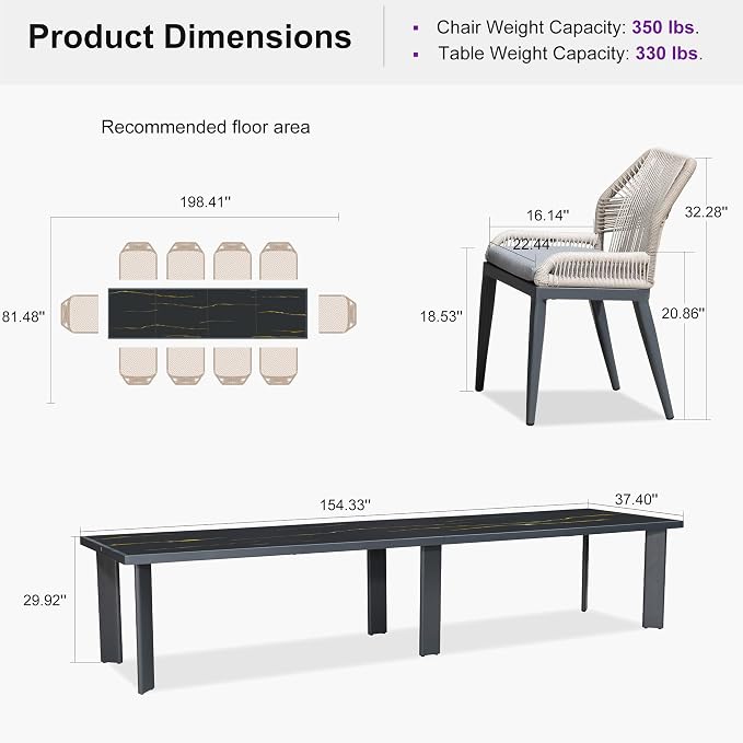 PURPLE LEAF 11 Pieces Patio Dining Set Aluminum Oversize Rectangular Table and - Image 8