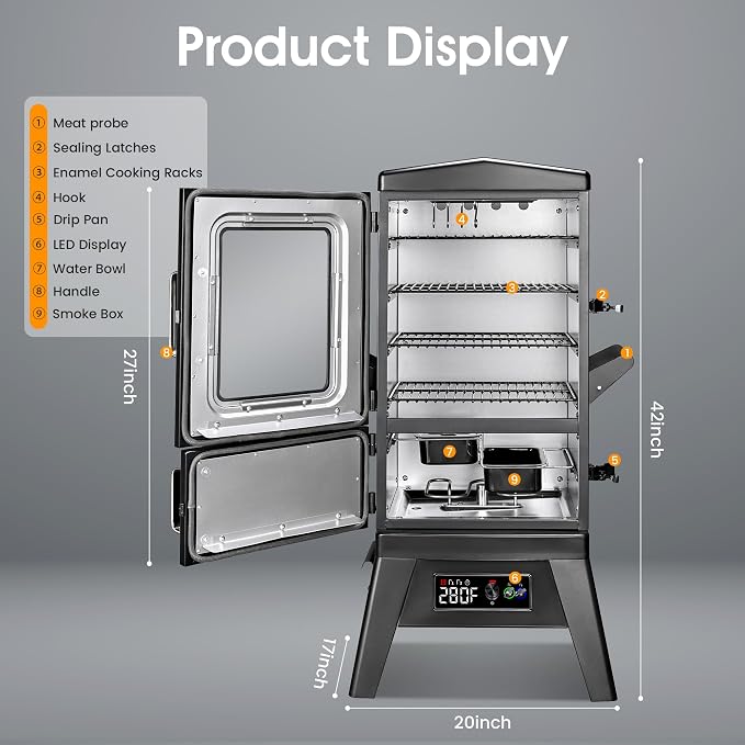 Vertical Electric Smoker with Cover & Meat Probe, BBQ Smokers with 4 Cooking - Image 8
