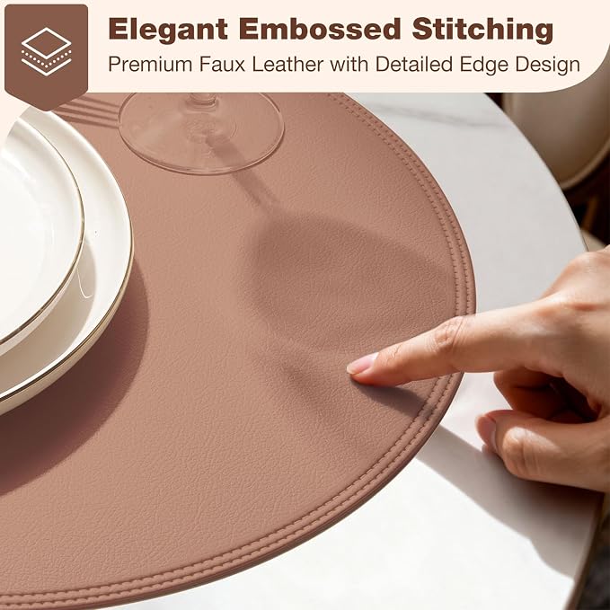 Round Vinyl Pink Placemats Set of 6, Faux Leather Waterproof Wipeable Heat - Image 2