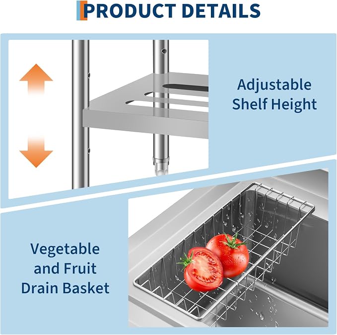 Stainless Steel Utility Sink, 35 Inch Freestanding Commercial Sink, Adjustable - Image 3