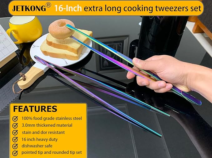 Tongs 16-Inch Stainless Steel Fine-Tip Pair in Rainbow Finish