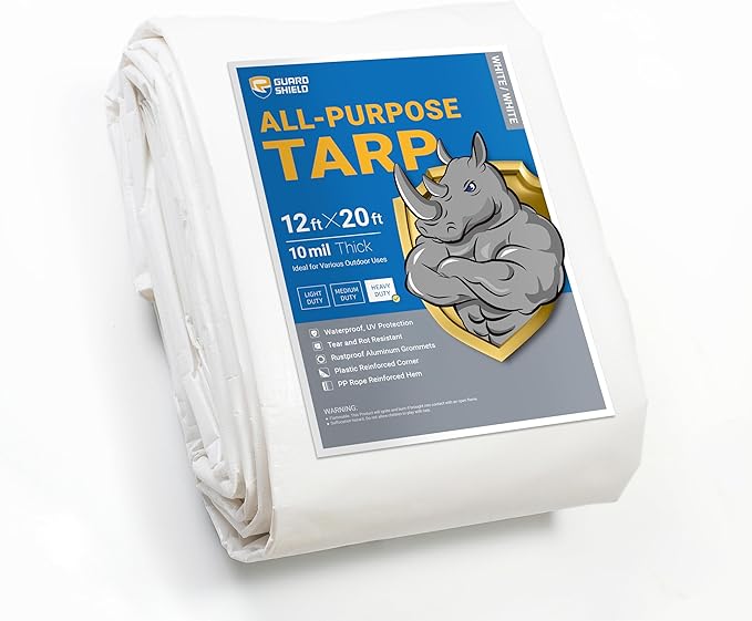 GUARD SHIELD Heavy Duty Tarp 12x20 Feet White Multi Purpose Thick Waterproof by GUARDSHIELD