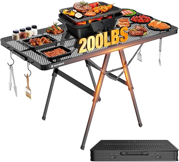 Foldable Grill Table with Mesh Desktop, 200lbs 4Ft Portable Folding Table by Raynesys