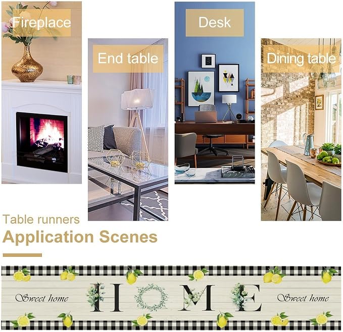 Lemon Fruit Home Table Runner, Vintage Farmhouse Rustic Black White Buffalo - Image 4