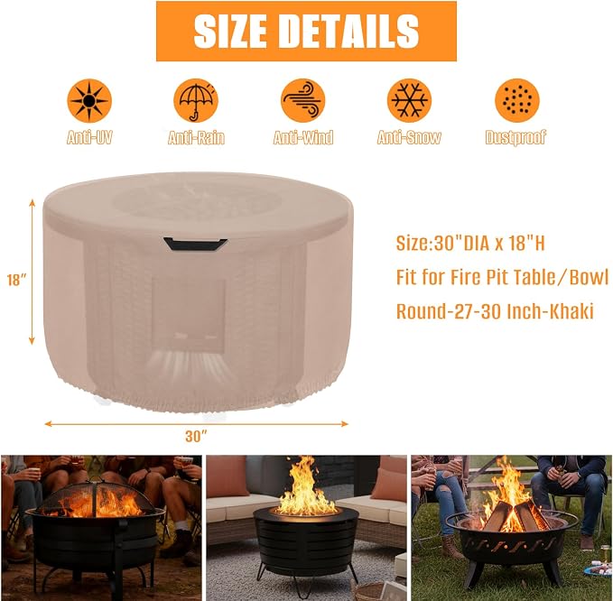 Kovshuiwe Round Fire Pit Cover-600D Fabric Waterproof and Resistant Material - Image 2