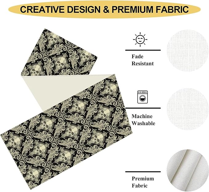 Skull Table Runner, Retro Antique Gothic Damask Pattern Classic Halloween Boho - Image 5