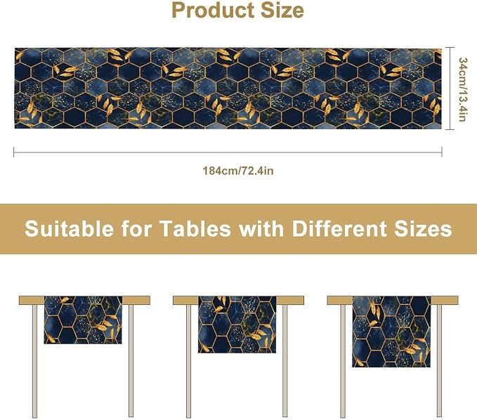 Marble Table Runner, Dark Blue Gold Modern Marble Leaf Aesthetic Geometric - Image 7