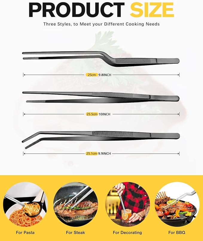 Tongs Set, 10-Inch Stainless Steel Food Tweezers in Black, 3 Designs