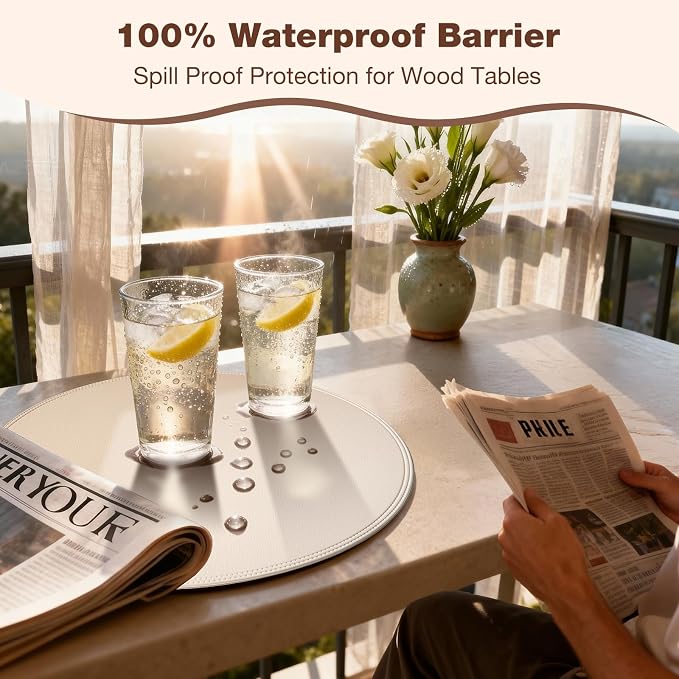 Round Vinyl Beige Placemats Set of 6, Faux Leather Waterproof Wipeable Heat - Image 5