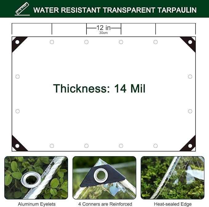 Clear Tarp with Grommets, 8x20ft Transparent Heavy Duty Water Resistant Tarp - Image 4