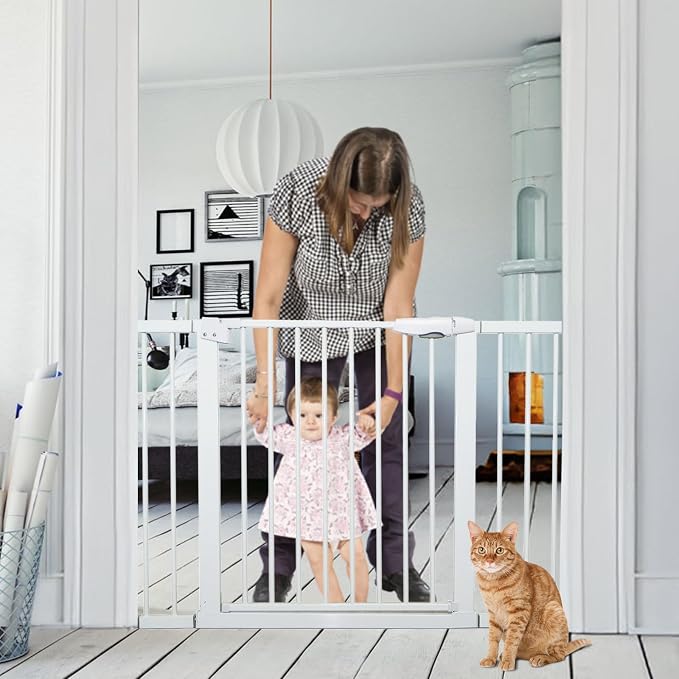 Metal Baby Gate Dog Gate 85.6''-105.2'' Auto Close Extra Wide Pet Gate by HOOJUKE