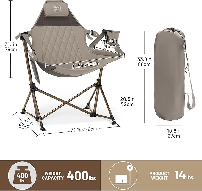Oversized Hammock Camping Chair in Tan, 400 lb Support, Padded Seat