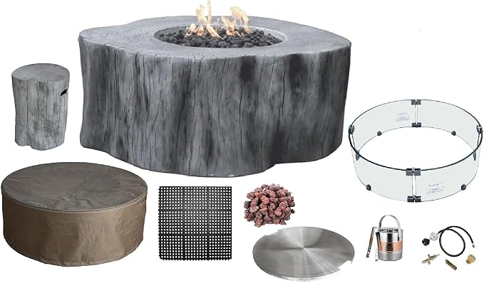 Elementi | Bundle Manchester Gas Fire Pit Cast Concrete Semi-Round Fire Table by AMSFireplaceInc