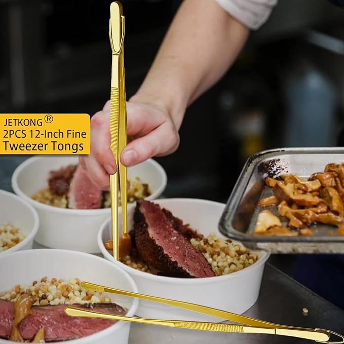 Tongs 12-Inch Stainless Steel Kitchen Tweezers, Set of 2 in Gold