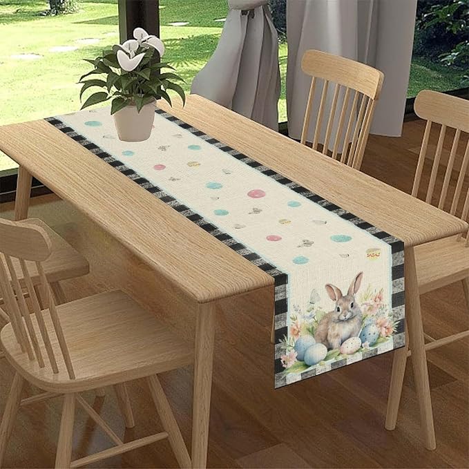 Easter Table Runner, Vinatge Black Plaid Rabbit Easter Eggs Butterflies Floral - Image 3