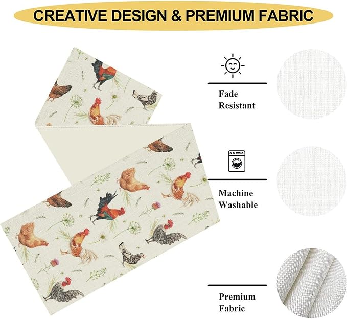 Farmhouse Rooster Table Runner, Rustic Farm Animals Cow Pig Chicken Coffee - Image 4