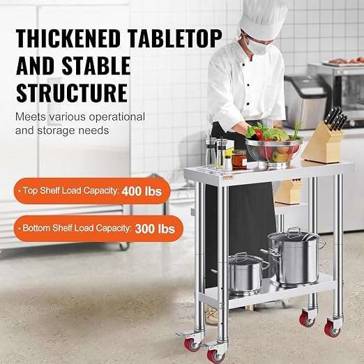 VEVOR Stainless Steel Work Table 30 x 12 x 34 Inch, 700 LBS Load Capacity - Image 3