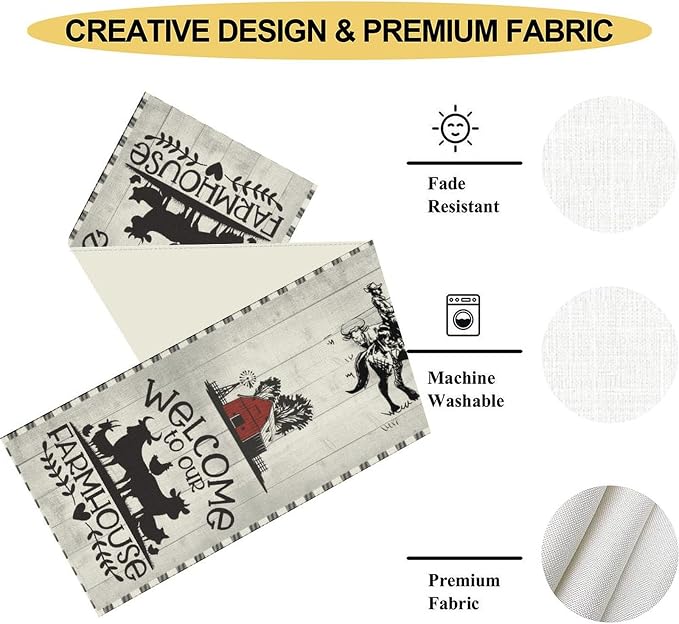 Farmhouse Cow Table Runner, Rustic Rooster Sheep Black White Plaid Animals Farm - Image 5