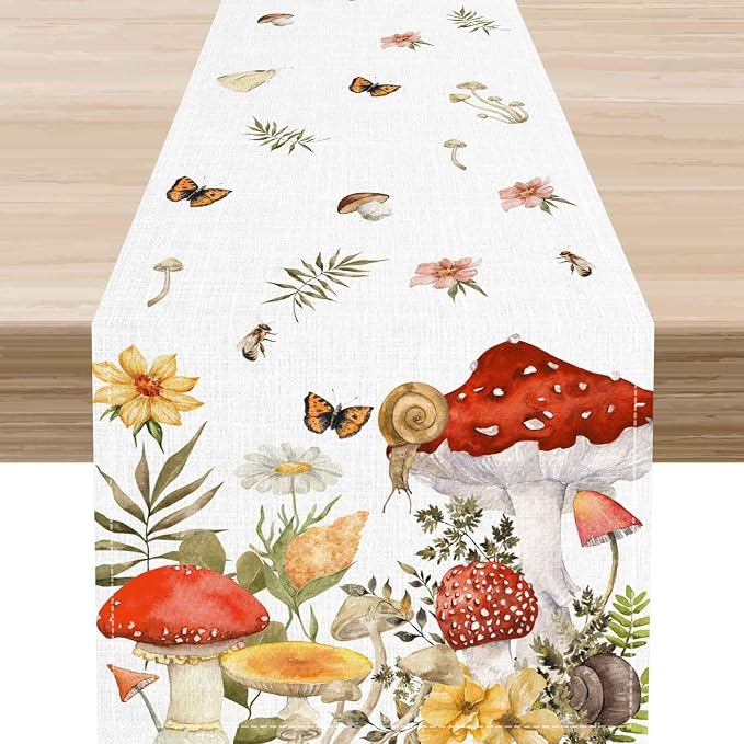 Mushroom Table Runner, Rustic Farmhouse Forest Plants Botanical Wildfloral by Unknown