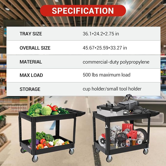 Utility Service Cart with Wheels and Two Trays, Service Cart 2-Shelf 500lbs - Image 2
