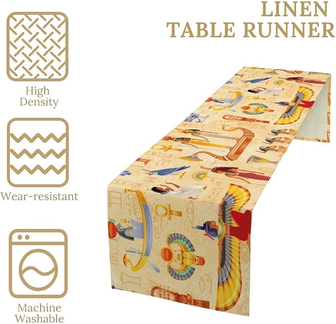 Egypt Table Runner, Ancient Egyptian Mythology Gods Hieroglyphic Elements Retro - Image 6