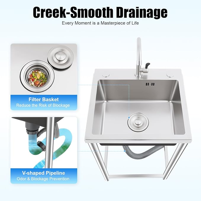 Free Standing Single Bowl Kitchen Sink Commercial, Outdoor Utility Sink - Image 4