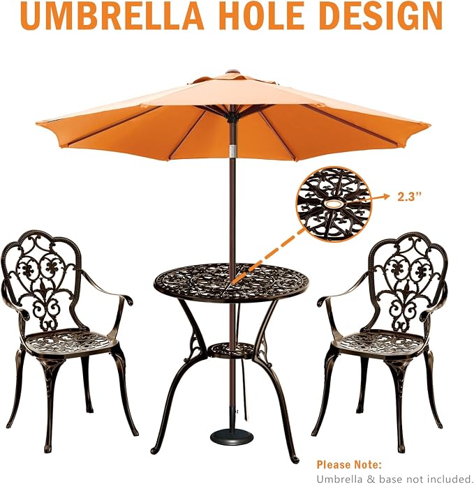 Patio Bistro Set of 2, Cast Aluminum, Outdoor Set w/Umbrella Hole, 3 Piece - Image 6