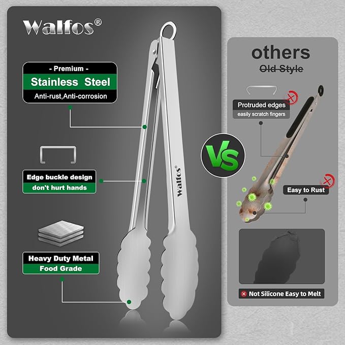 Tongs 2-Pack, 12-Inch Stainless Steel with Locking Pull-Ring