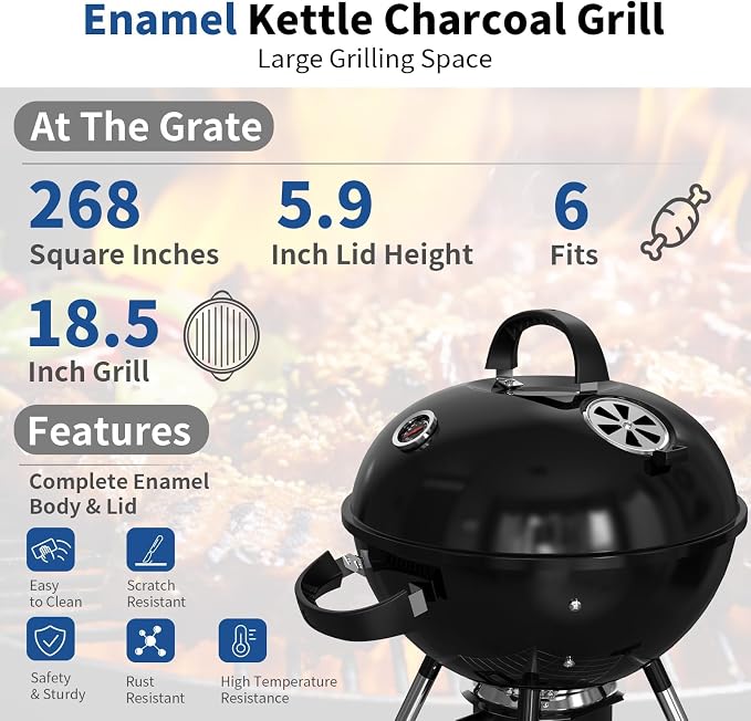 18.5-Inch Portable Charcoal Grill, Heavy Duty Kettle BBQ Smoker - Image 4