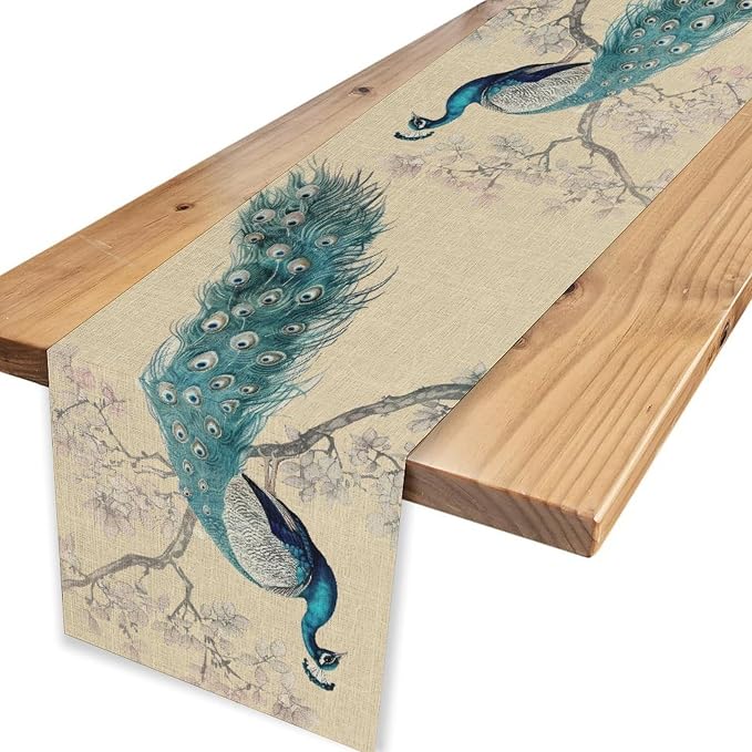 Peacock Table Runner, Retro Rustic Traditional Chinese Style Blossom Branch - Image 6