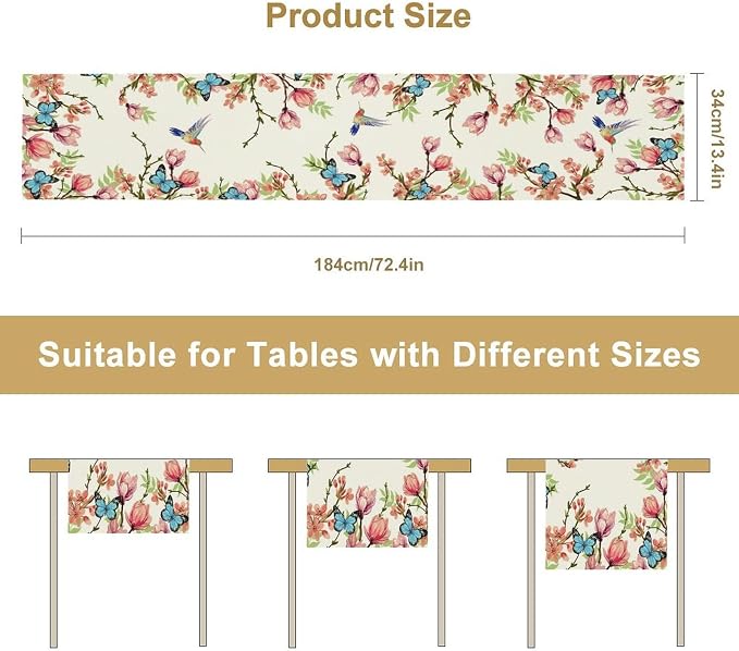 Spring Flower Table Runner, Seasonal Rustic Garden Flowers Bird Butterfly Print - Image 8