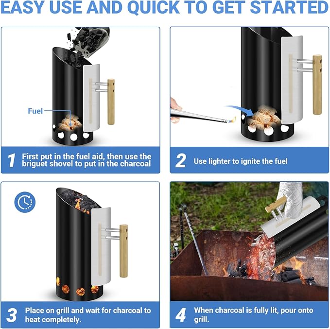 Charcoal Chimney Starter with Insulation Gloves and Briquet Shovel Set - Image 8