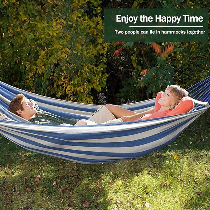 Hammock for Camping, 320G Canvas, 550 lb Capacity, Blue and White
