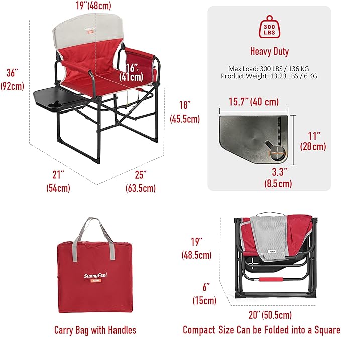 Directors Chair with Side Table and Storage Pockets, Red 2-Pack