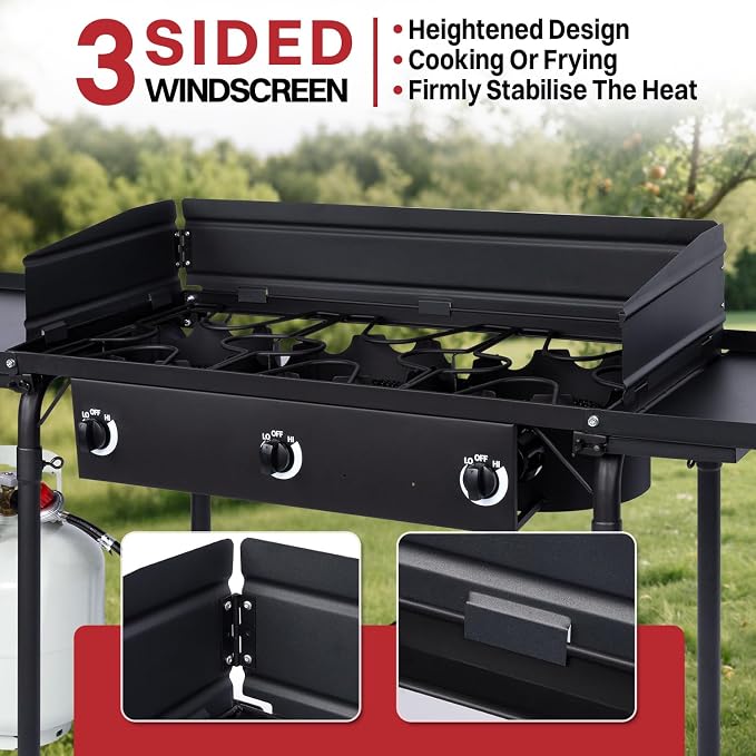 3 Burner Propane Camp Stove | 225, 000 BTU Gas Burners | Side Shelves | - Image 3