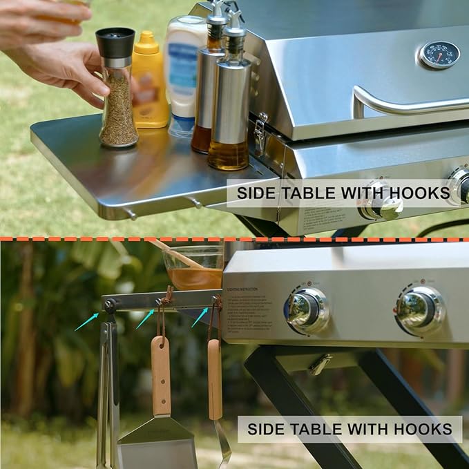BBQ Gas Grill 3-Burner with Foldable Cart & Side Table, Portable Propane Grill - Image 4