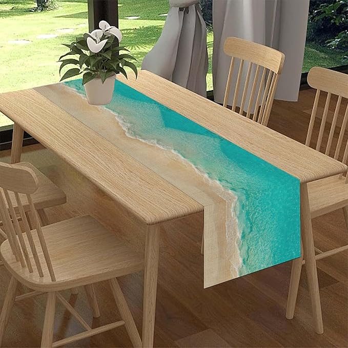 Blue Sea Waves Table Runner, Summer Turquoise Tropical Beach Sandy Ocean Clear - Image 2