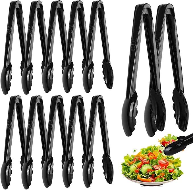 Serving Tongs, 12-Pack Black Plastic, 8.6-Inch Length