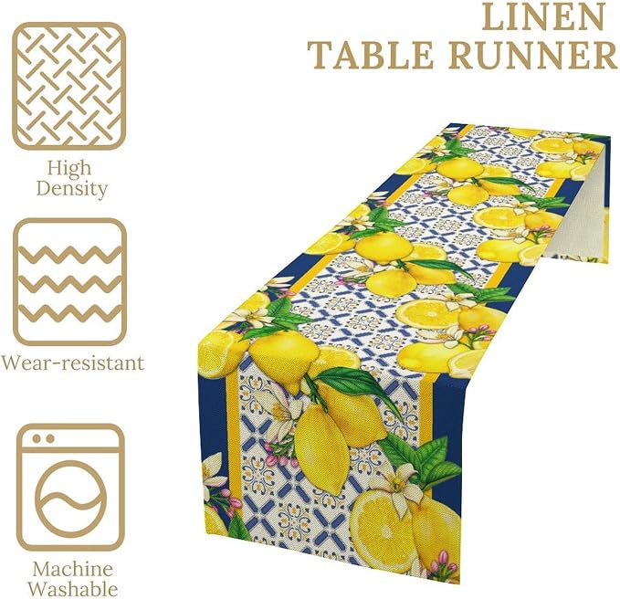 Yellow Lemon Table Runner, Spring Summer Seasonal Blue Tiles Watercolor Lemon - Image 4