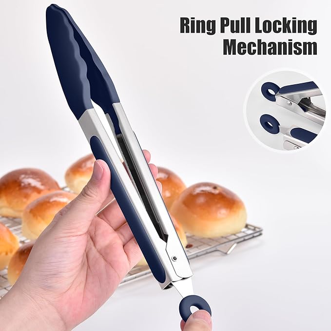 Locking Stainless Steel Tongs with Silicone Tips, Navy Blue