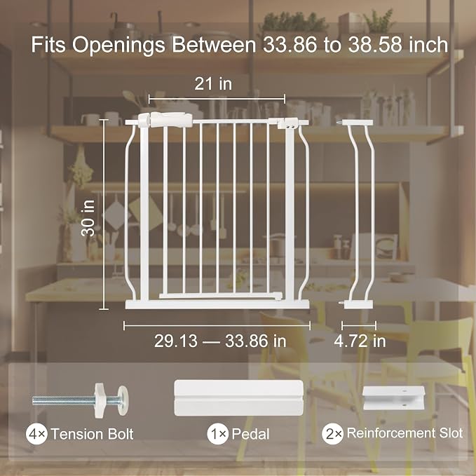 Baby Gate for Stairs No Drill 33.86-38.58 Inch, Pressure Mounted Metal Child - Image 2