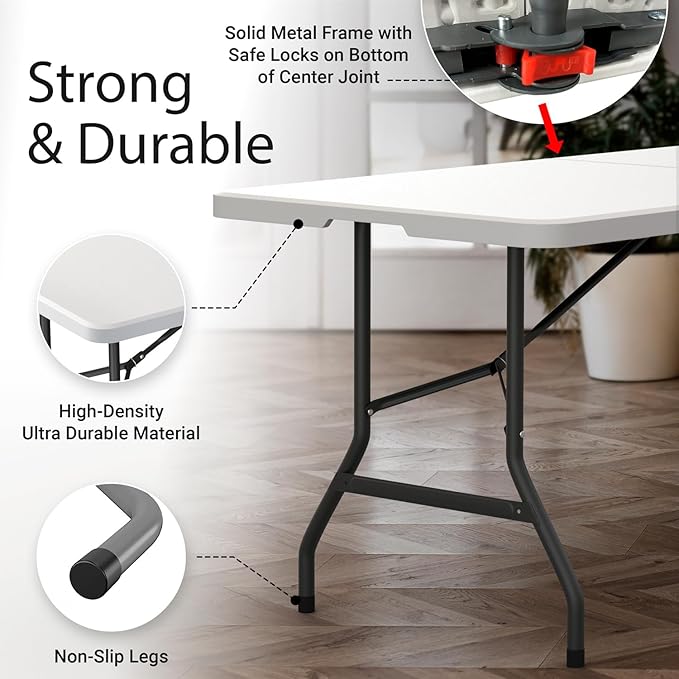 6 Feet Foldable Table with Built in Handle & Steel Legs | 6FT Heavy Duty - Image 4