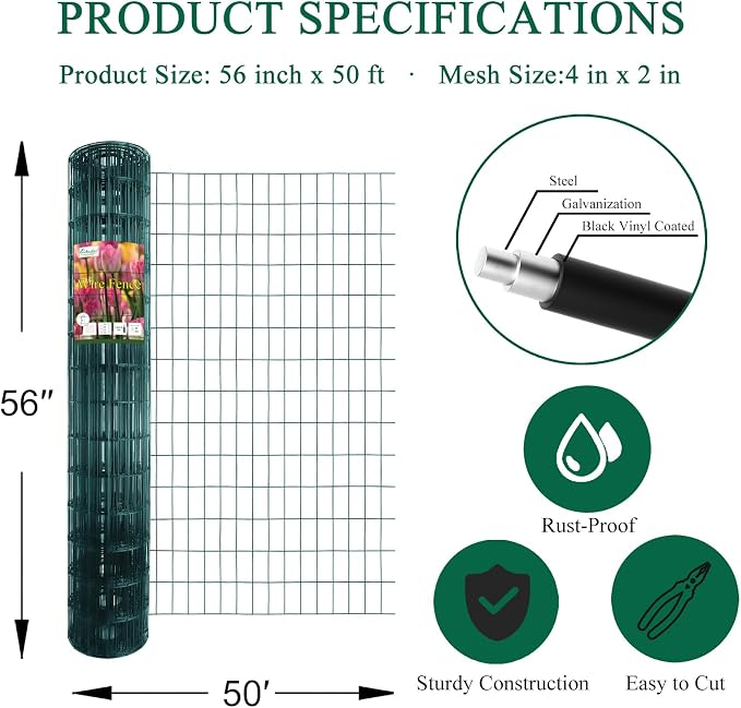 Green PVC Coated Welded Wire Fence 56 Inch x 50 Foot, 2 Inch x 4 Inch 14GA - Image 3