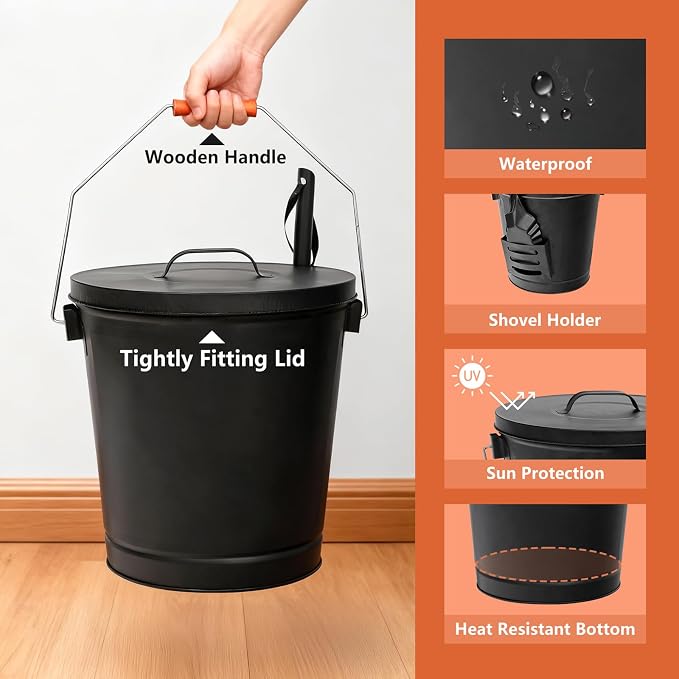 JupiterForce Ash Bucket with Lid and Shovel, 5.15 Gallon Large Galvanized Metal - Image 5