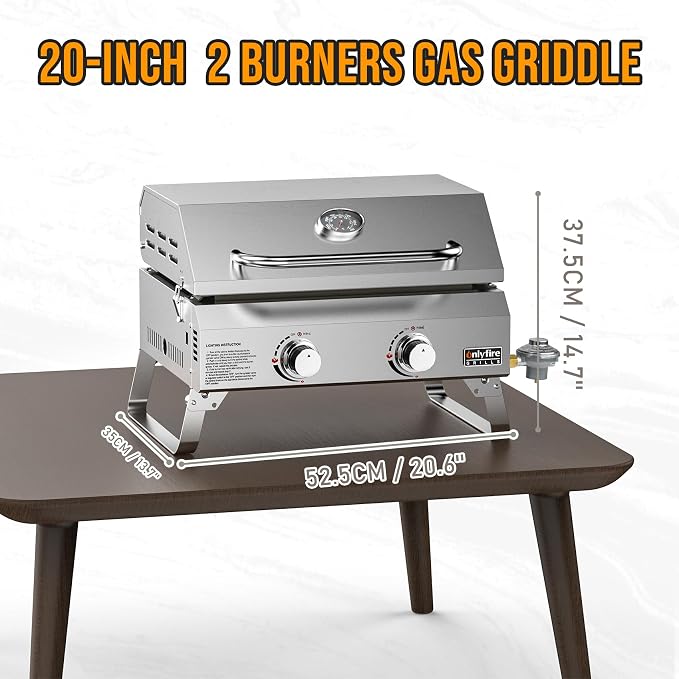 Tabletop Gas Griddle with Lid & Foldable Legs, 2-Burner BBQ Propane Flat Top - Image 2