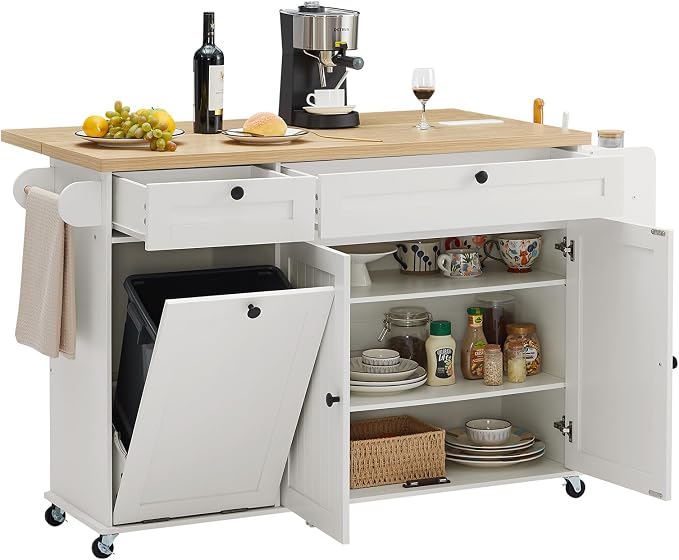 60" Kitchen Island with Power Outlet & Drop Leaf, Kitchen Rolling Island with by ONBRILL